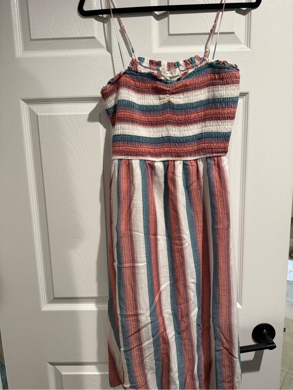 Girls Striped Spaghetti Strap Maxi Dress - Coral, Teal & White